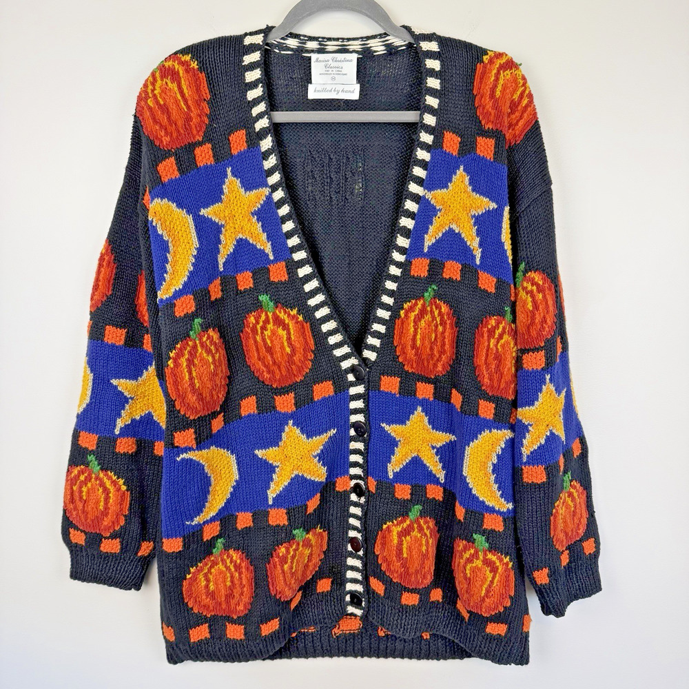 Vtg Marisa Christina Classics Halloween Cardigan Sweater Size M Black Pumpkin